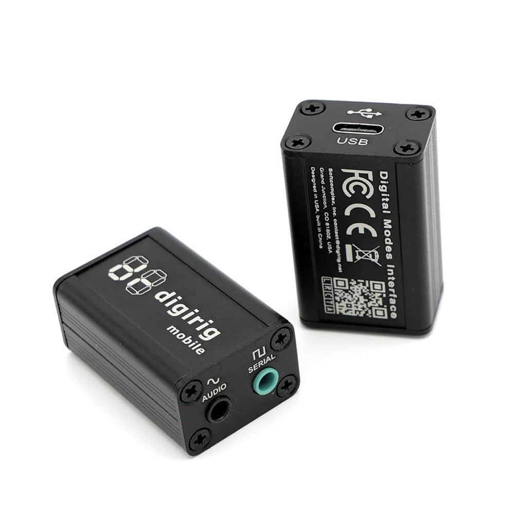 Black Digirig mobile interface with LED display and rear USB battery connectors