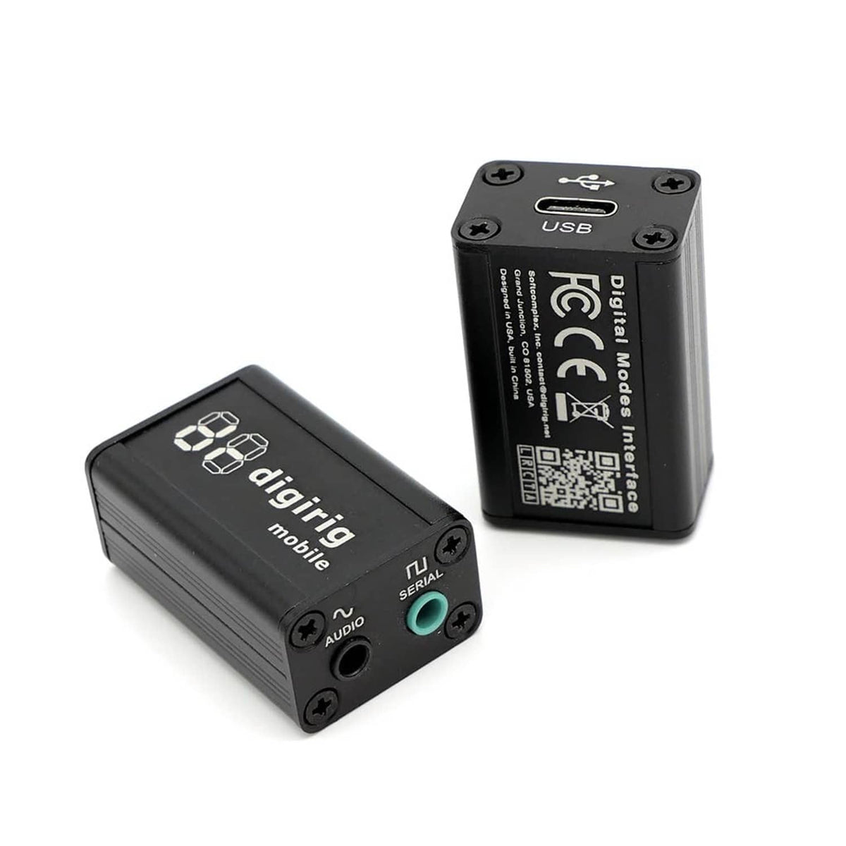Black Digirig mobile interface with LED display and rear USB battery connectors