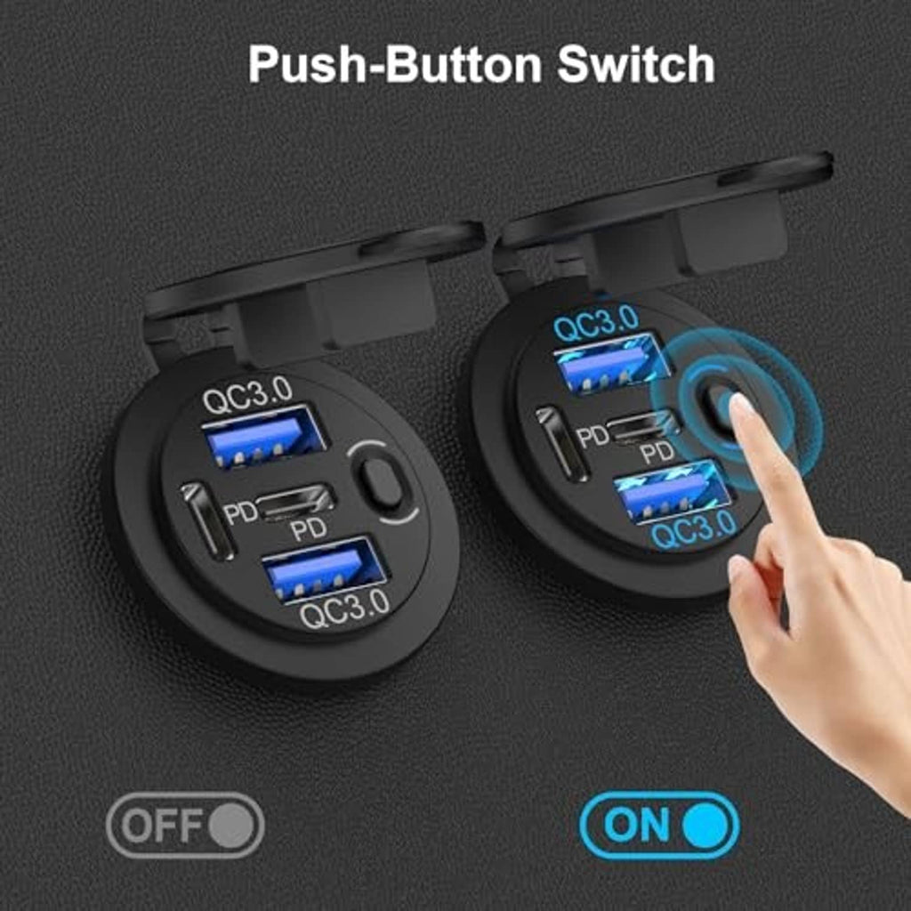 Pair of black QC3.0 car USB charging outlets with push-button ON/OFF switch