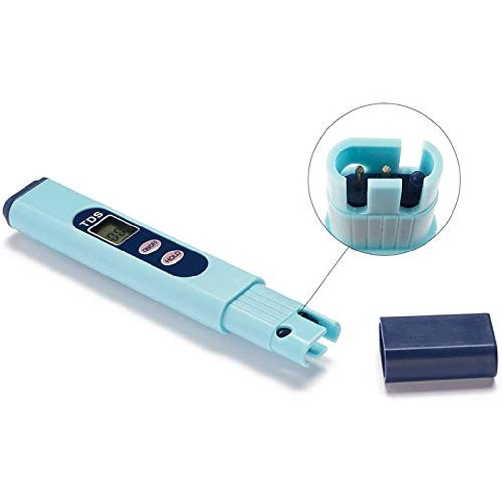 Digital TDS salinity tester with protective cap removed, sensor tip visible