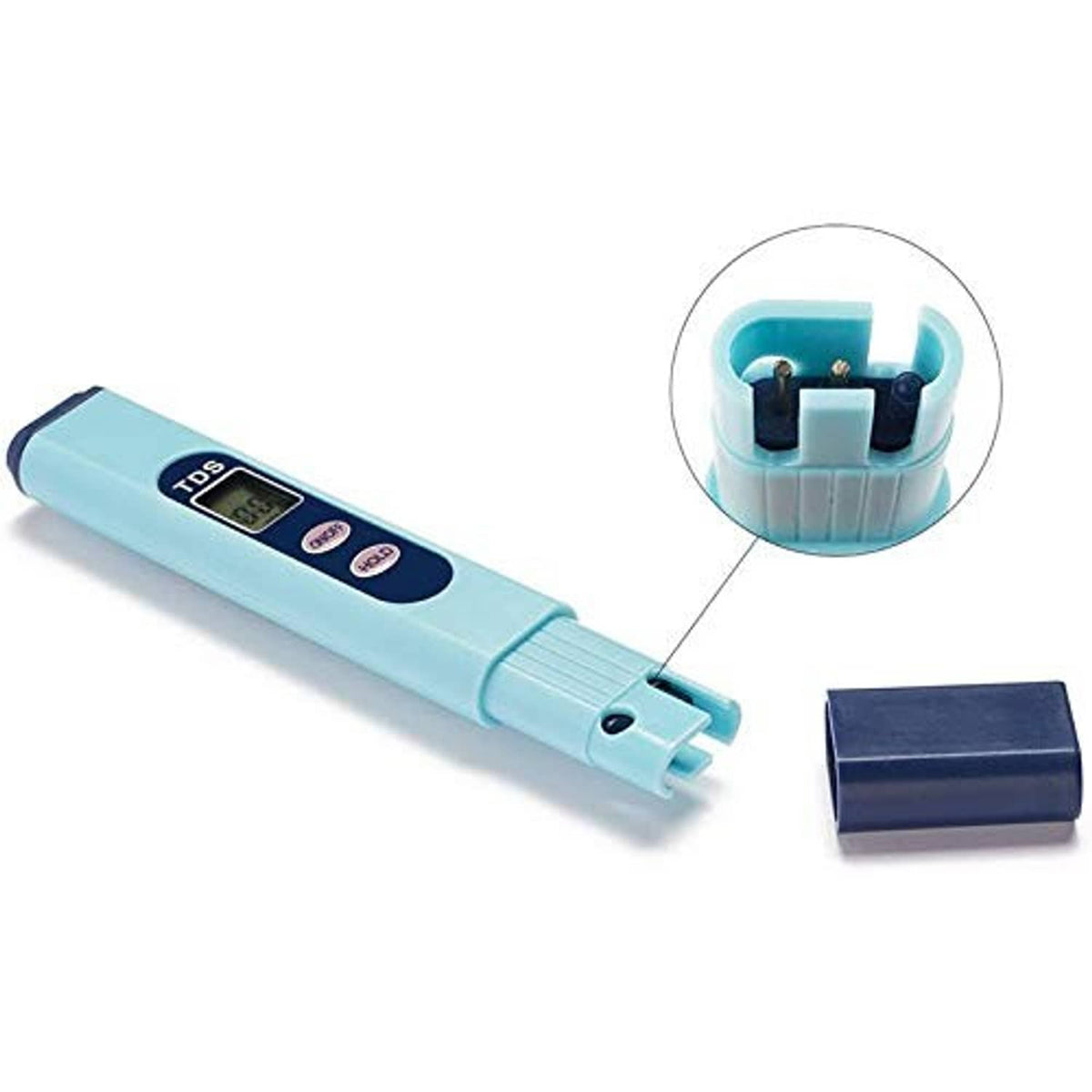 Digital TDS salinity tester with protective cap removed, sensor tip visible