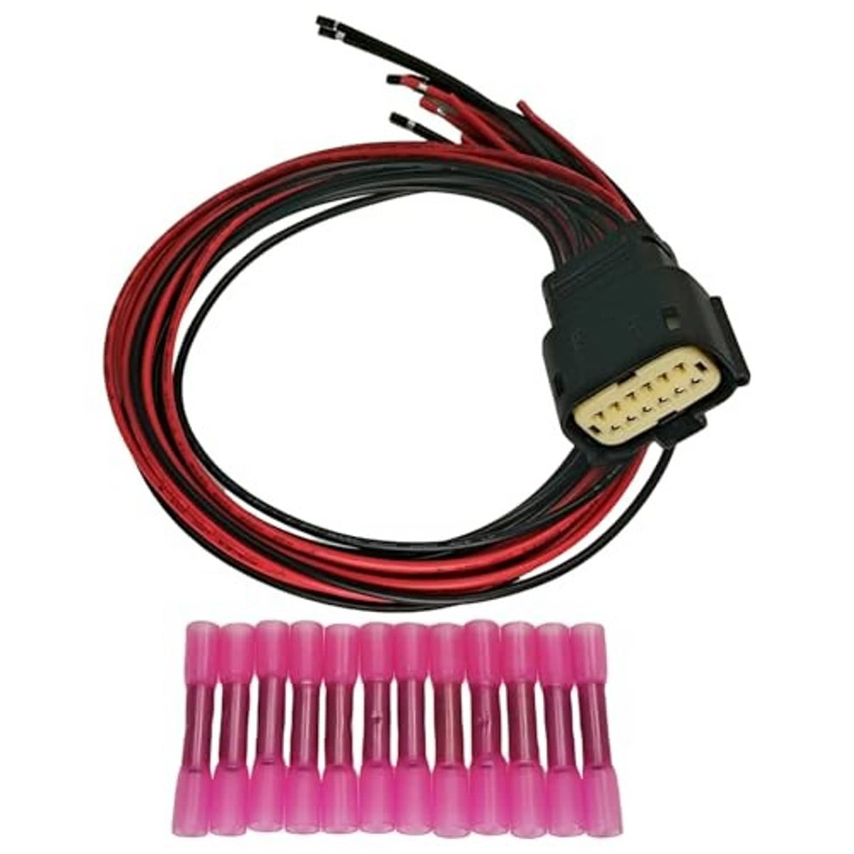 12-pin headlight connector pigtail with red/black cable and pink terminal block