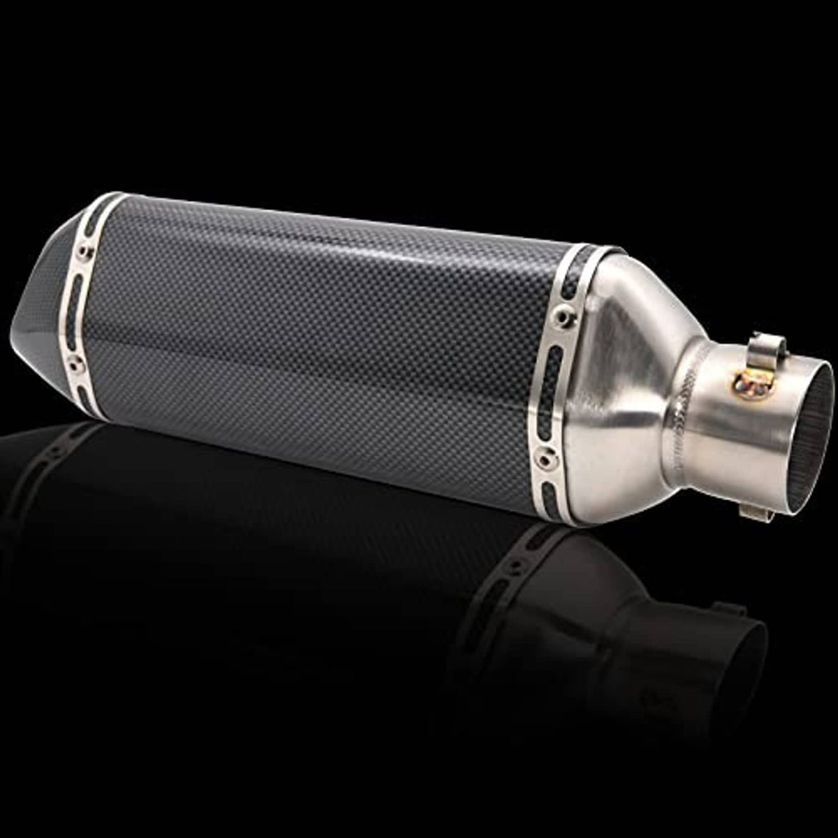 Motorcycle slip-on exhaust muffler with carbon fiber-look sleeve and stainless resonator tip.