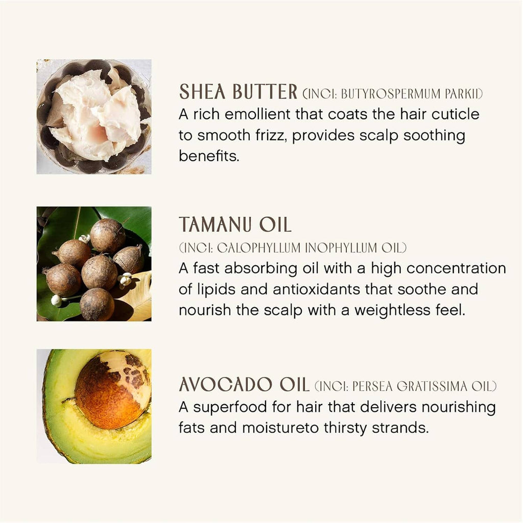 Hairbath ingredient panel featuring shea butter, tamanu oil, and avocado oil callouts