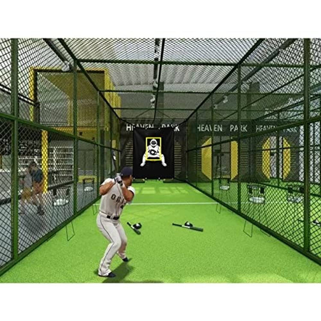 Black baseball strike-zone target banner with catcher graphic displayed in training net