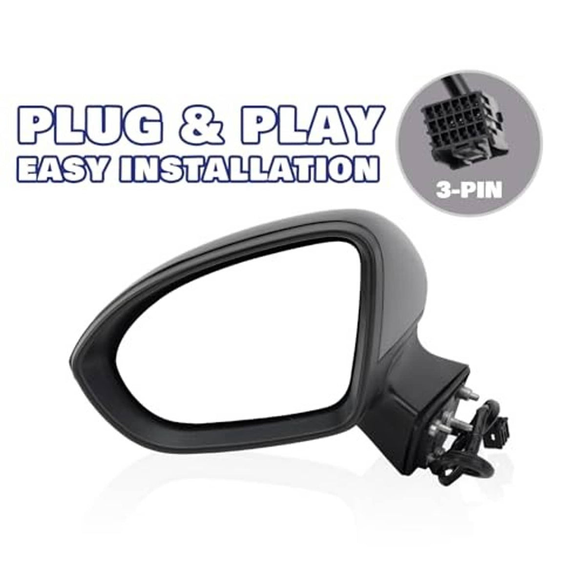Black driver-side side mirror with 3-pin connector plug and mounting bracket