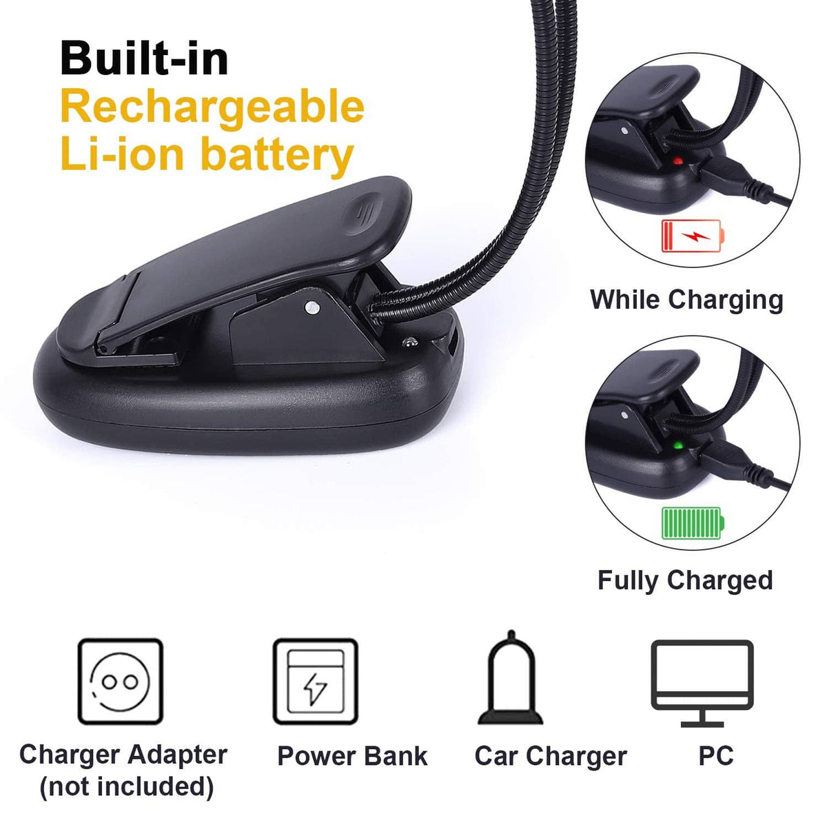Rechargeable Li-ion clip-on music stand light base with charge indicator and cable