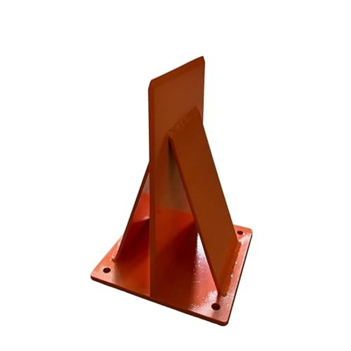 Orange firewood splitter stand with angled panel and bolted base holes