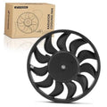 Radiator cooling fan assembly with black circular blades and motor hub, with retail box