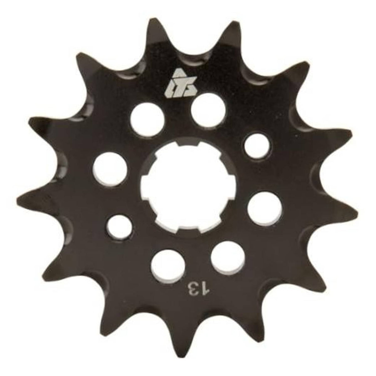 Black 13-tooth front sprocket with bolt holes and white center hub