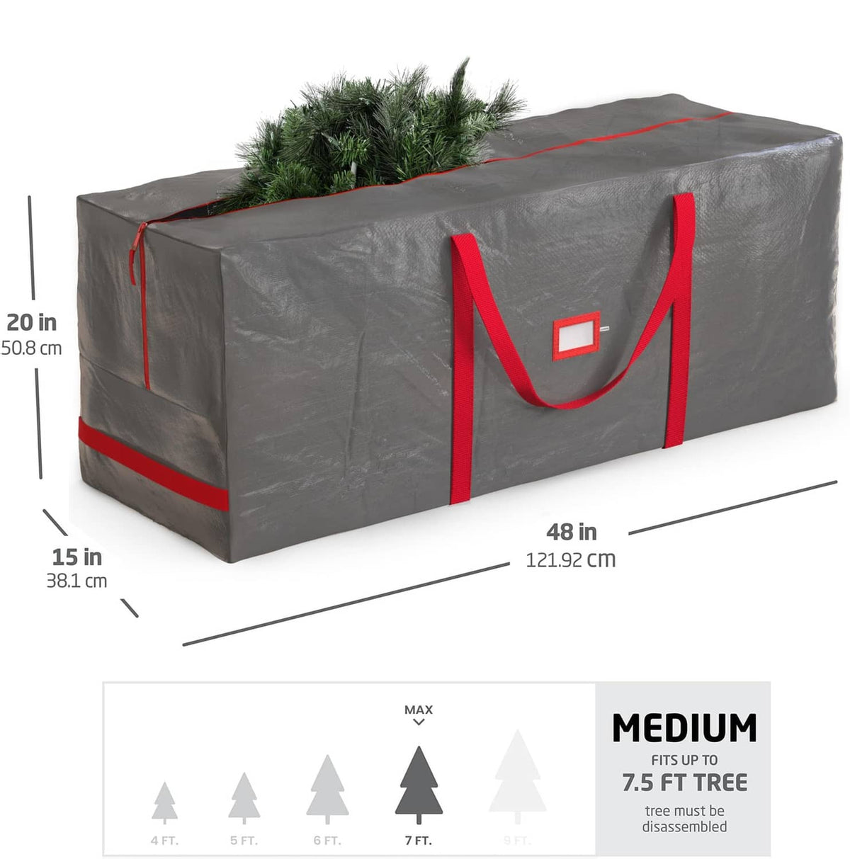 Gray storage bag with red handles; fits up to 7.5 ft trees, medium size