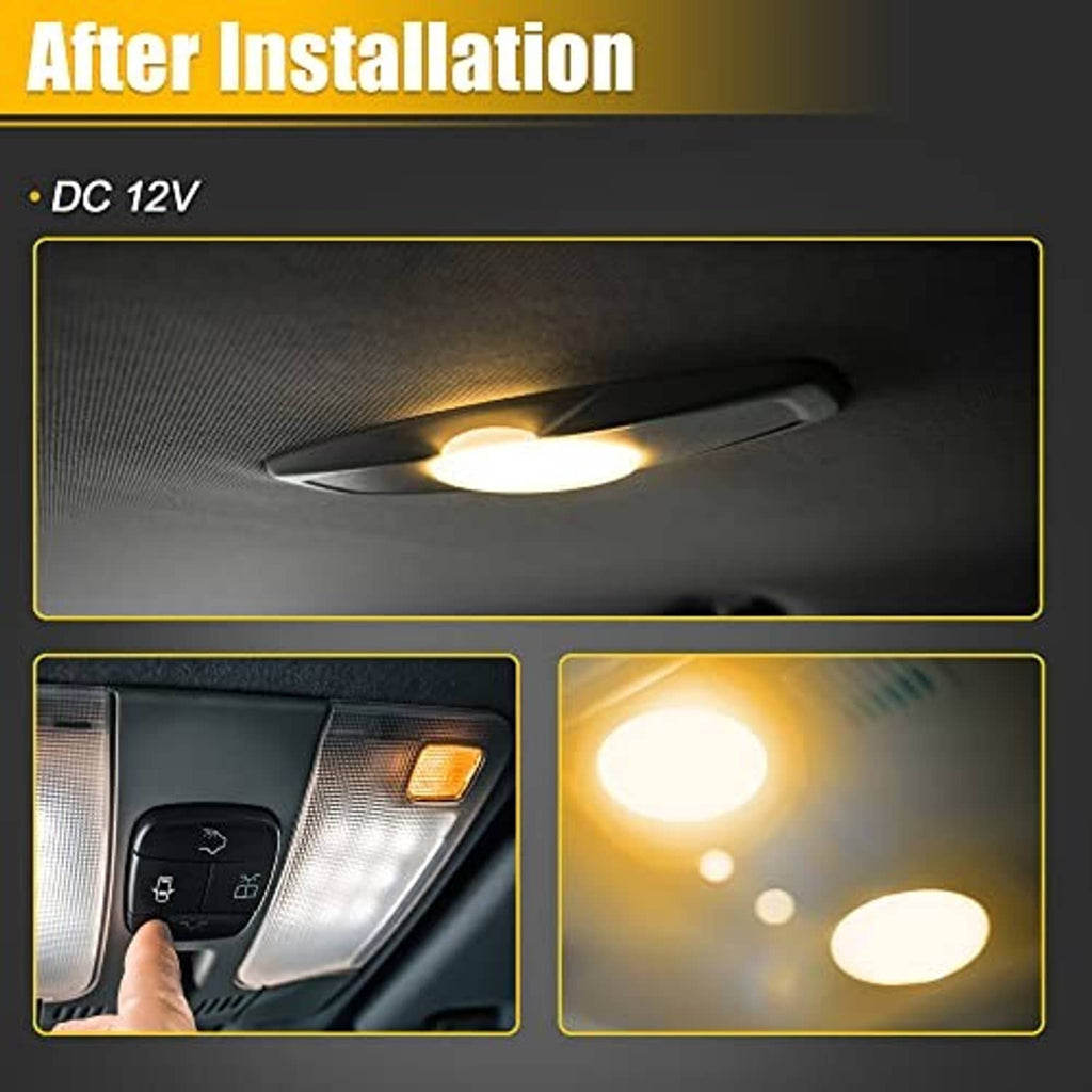 Round LED dome light installed in car ceiling, warm glow from built-in LEDs