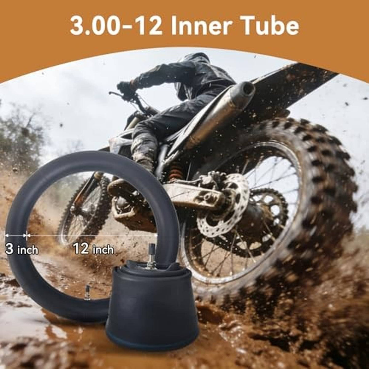 Dirt bike inner tube with straight valve stem, 3.00-12 size