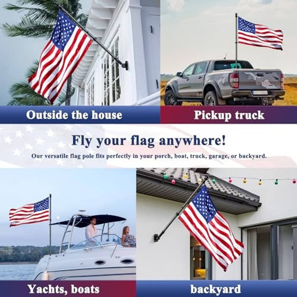 Black flag pole kit with wall mount and clip, flying an American flag outside