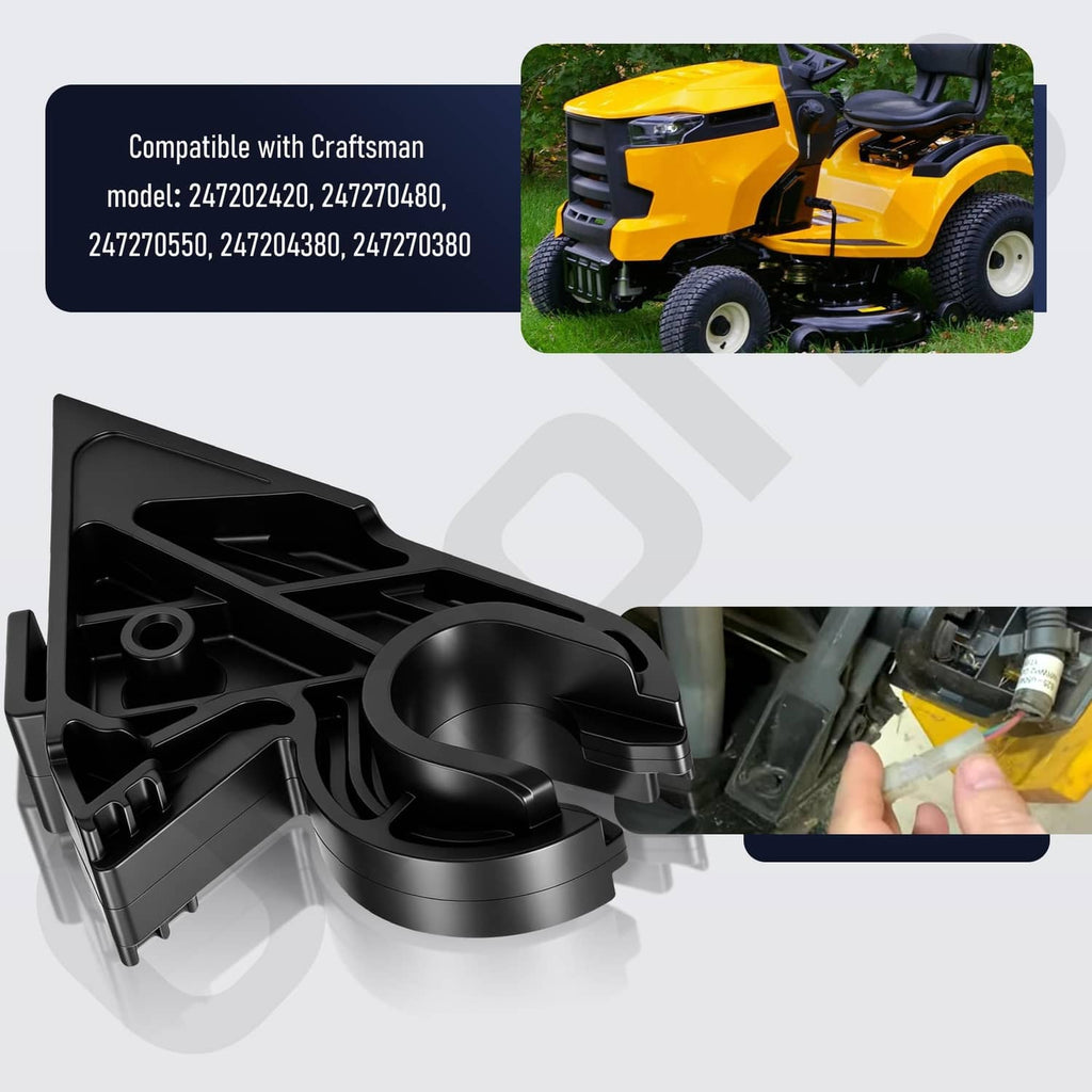 Black hood pivot bracket installation close-up with pivot bushing and mounting base