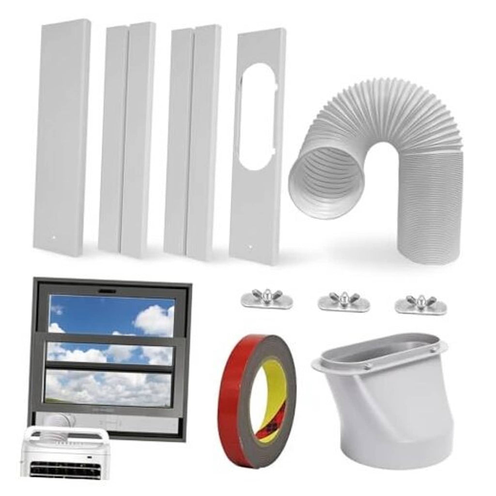 Portable air conditioner window vent kit parts: white panels, hose adapter, seal bucket