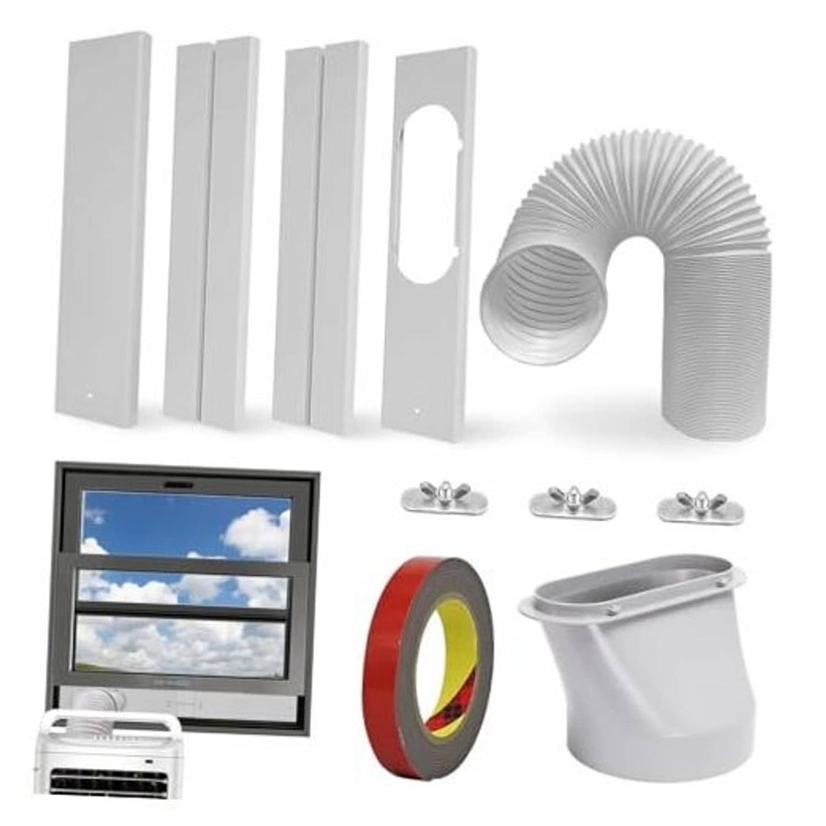 Portable air conditioner window vent kit parts: white panels, hose adapter, seal bucket