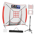 7x7 ft baseball batting net with red frame and strike zone target window, plus tripod stand