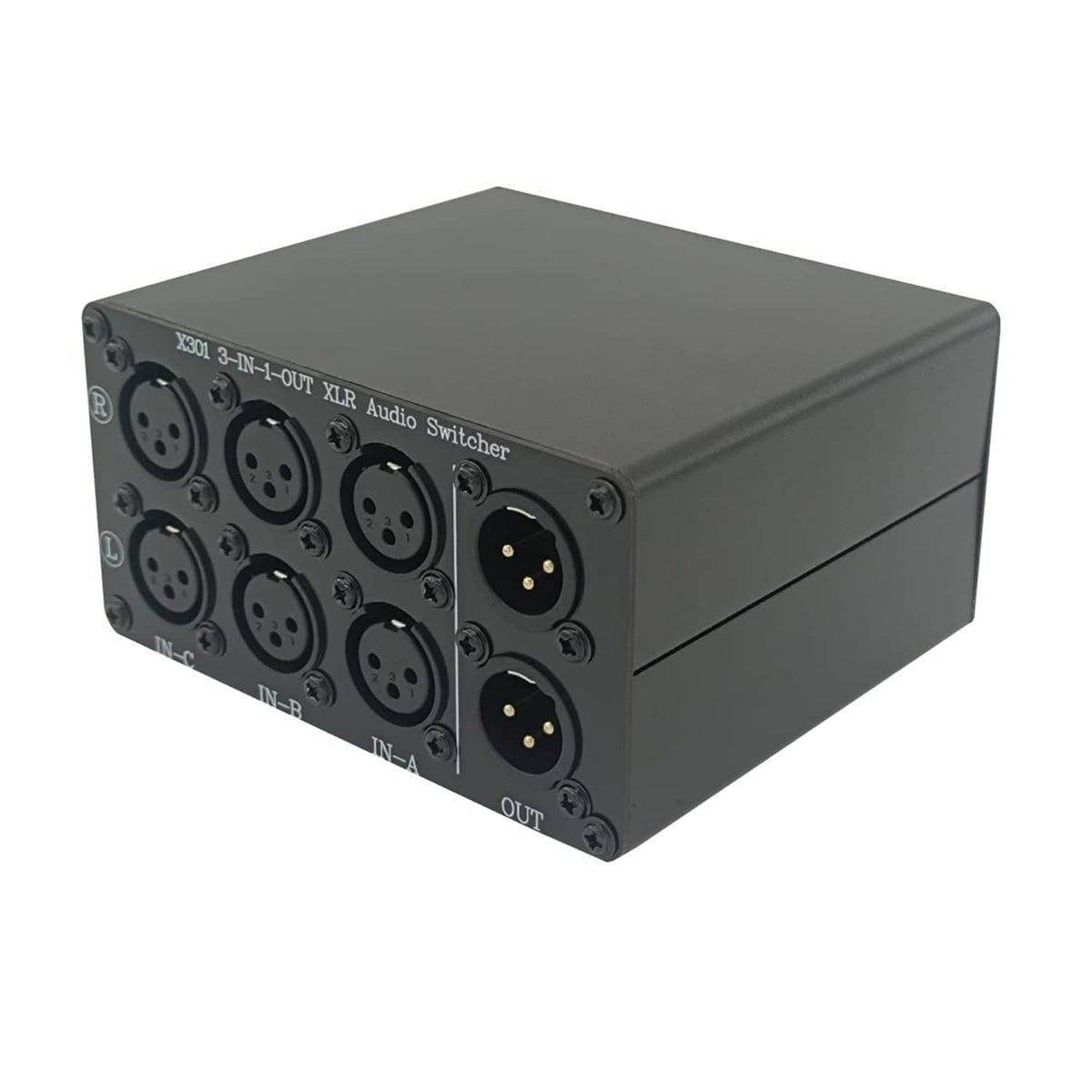 SOLUPEAK XLR audio switch box rear panel with three XLR inputs and two outputs