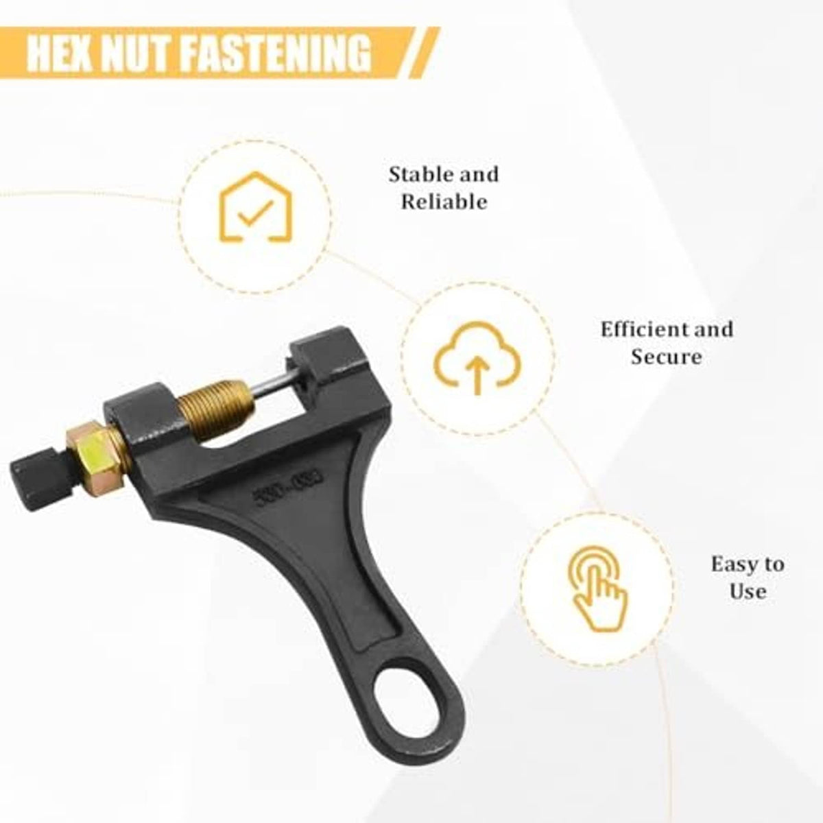 Black motorcycle chain breaker tool with gold threaded screw and hex nut clamp