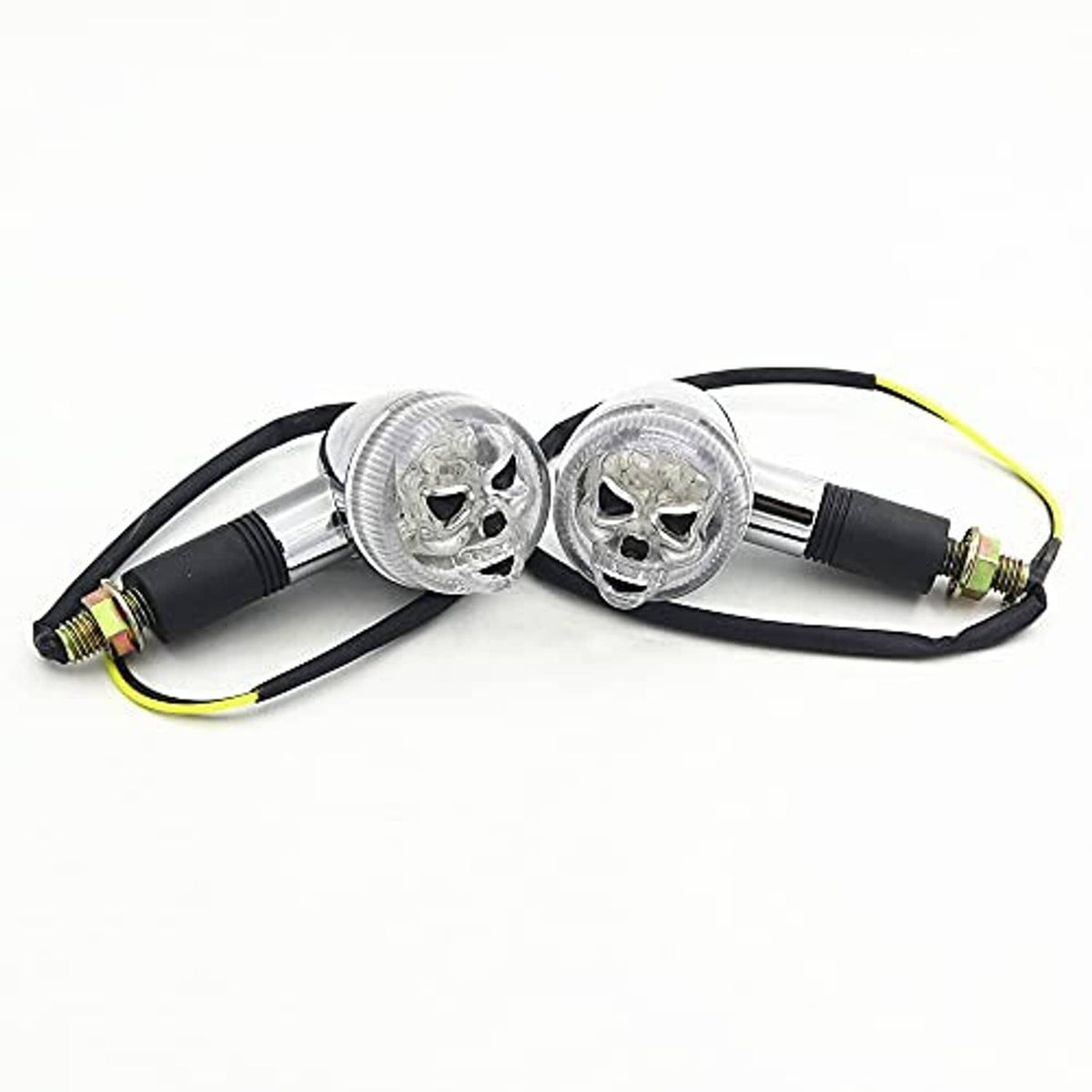 Two skull turn signal lights with clear lenses, chrome bodies, black holders, yellow wires
