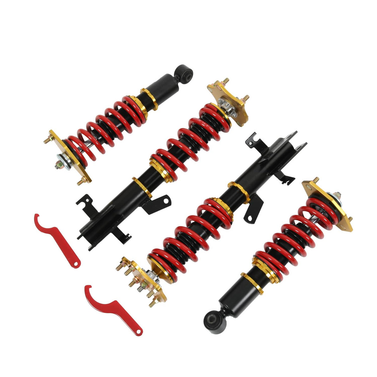 Coilover suspension kit with red coil springs, black shocks, and mounting hardware