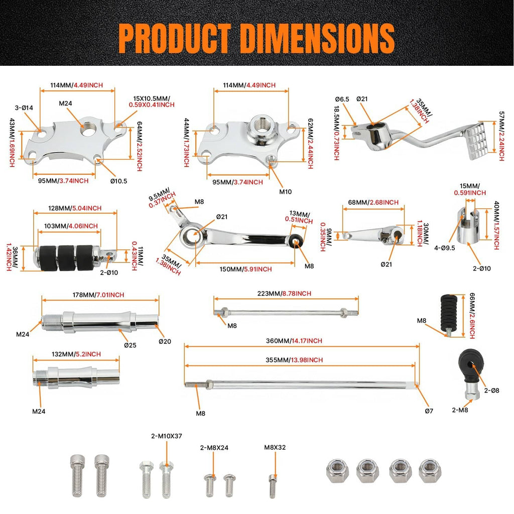 Product dimensions chart for forward control pegs and levers kit with measurements