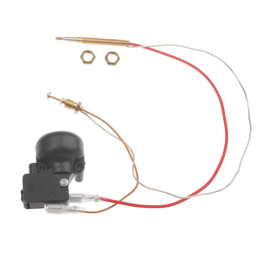 Thermocouple switch with wiring harness, brass probe, and two mounting nuts
