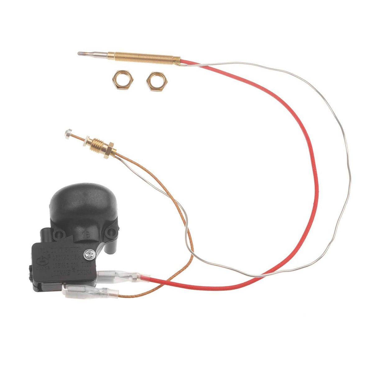 Thermocouple switch with wiring harness, brass probe, and two mounting nuts