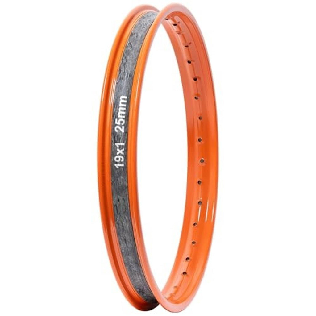 Motorcycle rim strip tape installed inside orange rim, dark rubber band labeled 19x1 25mm
