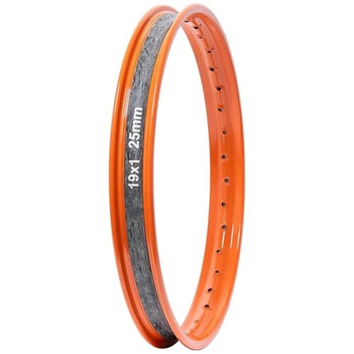 Motorcycle rim strip tape installed inside orange rim, dark rubber band labeled 19x1 25mm