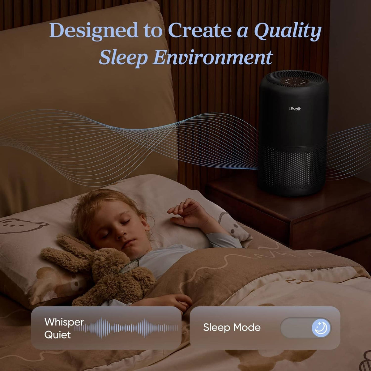 Black cylindrical air purifier on bedside with perforated front intake
