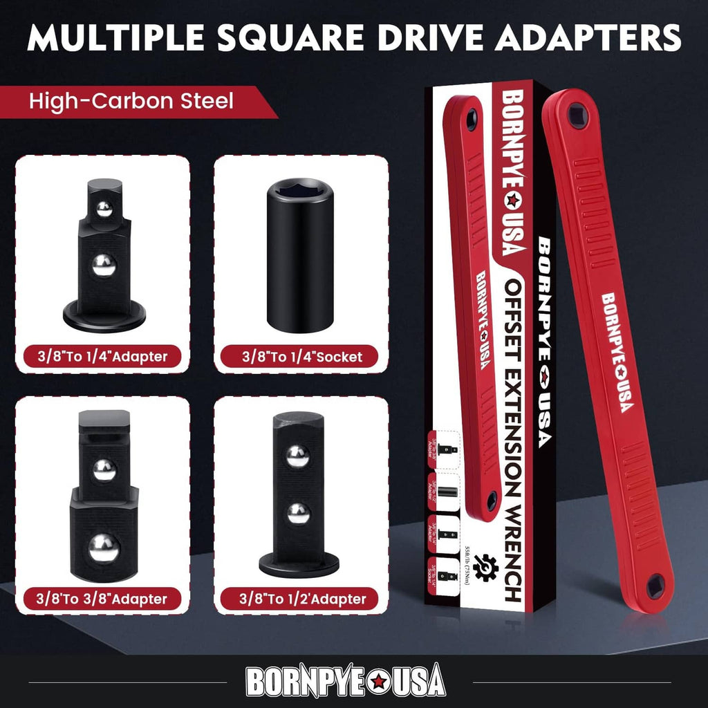 Red offset extension wrench with multiple square-drive adapters and sockets.