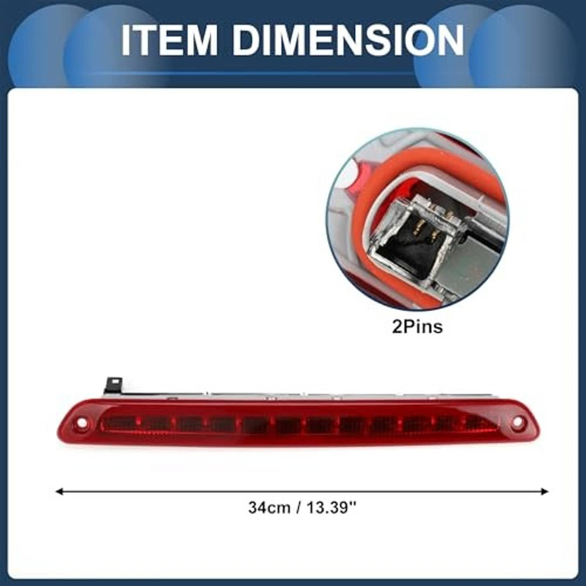 Red LED third brake light showing 2-pin connector detail and overall bar length