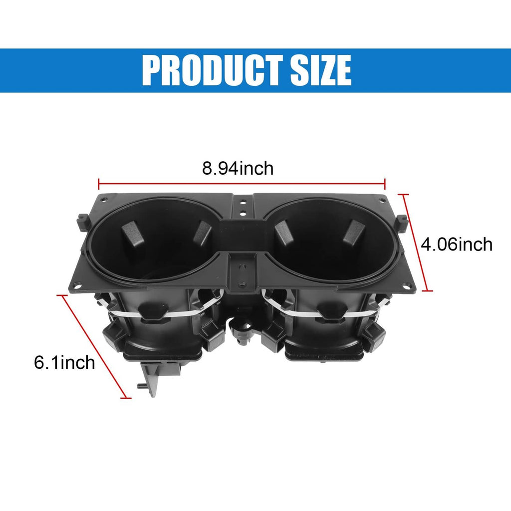 Dual cup holder module in black plastic, front center console opening size markings