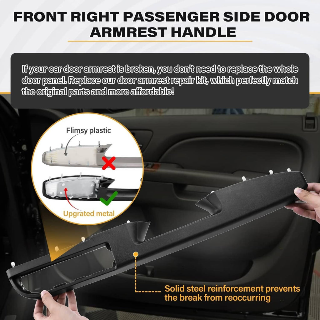 Black door armrest handle repair trim with visible steel reinforcement detail