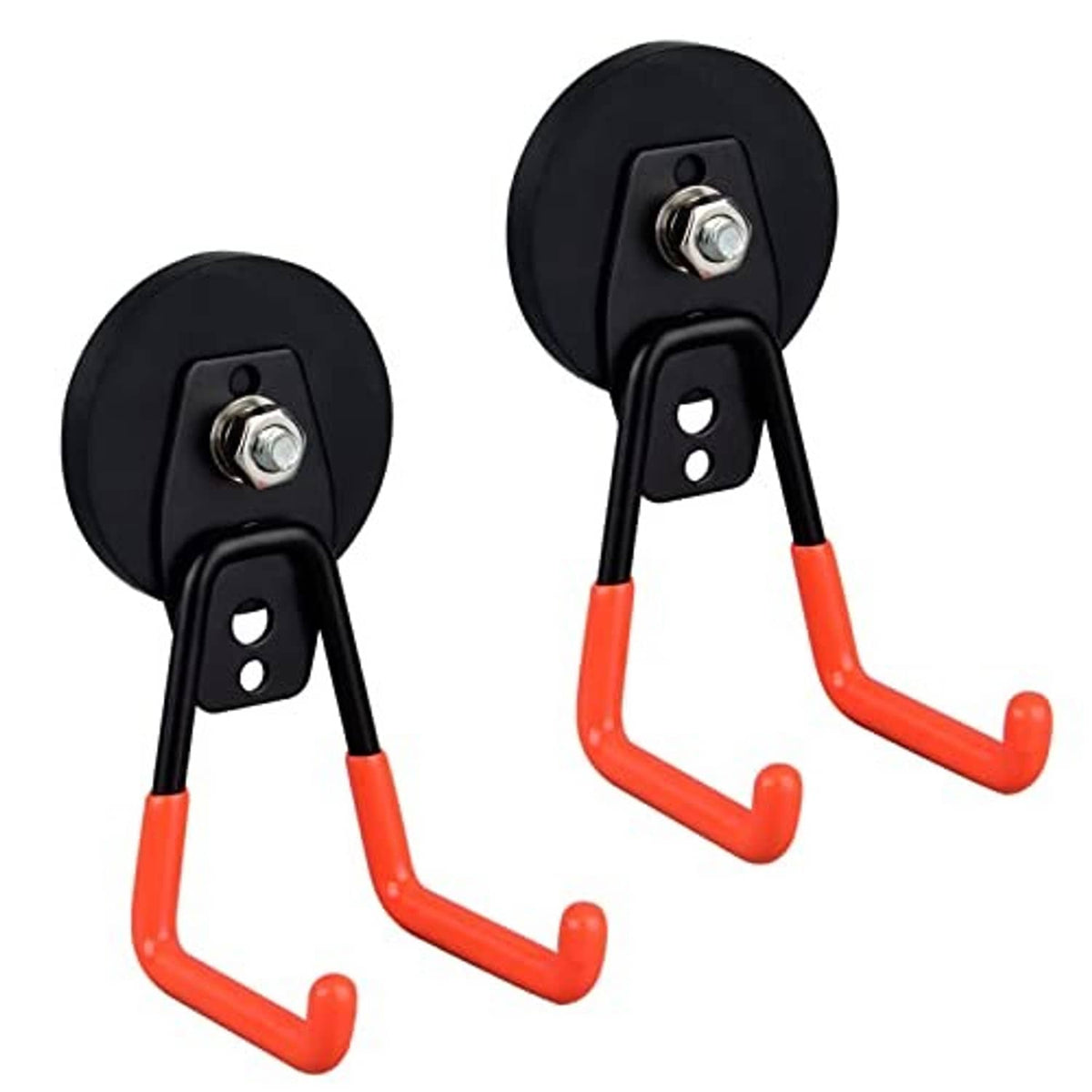 Pair of orange J-shaped magnetic utility hooks with black round magnet bases
