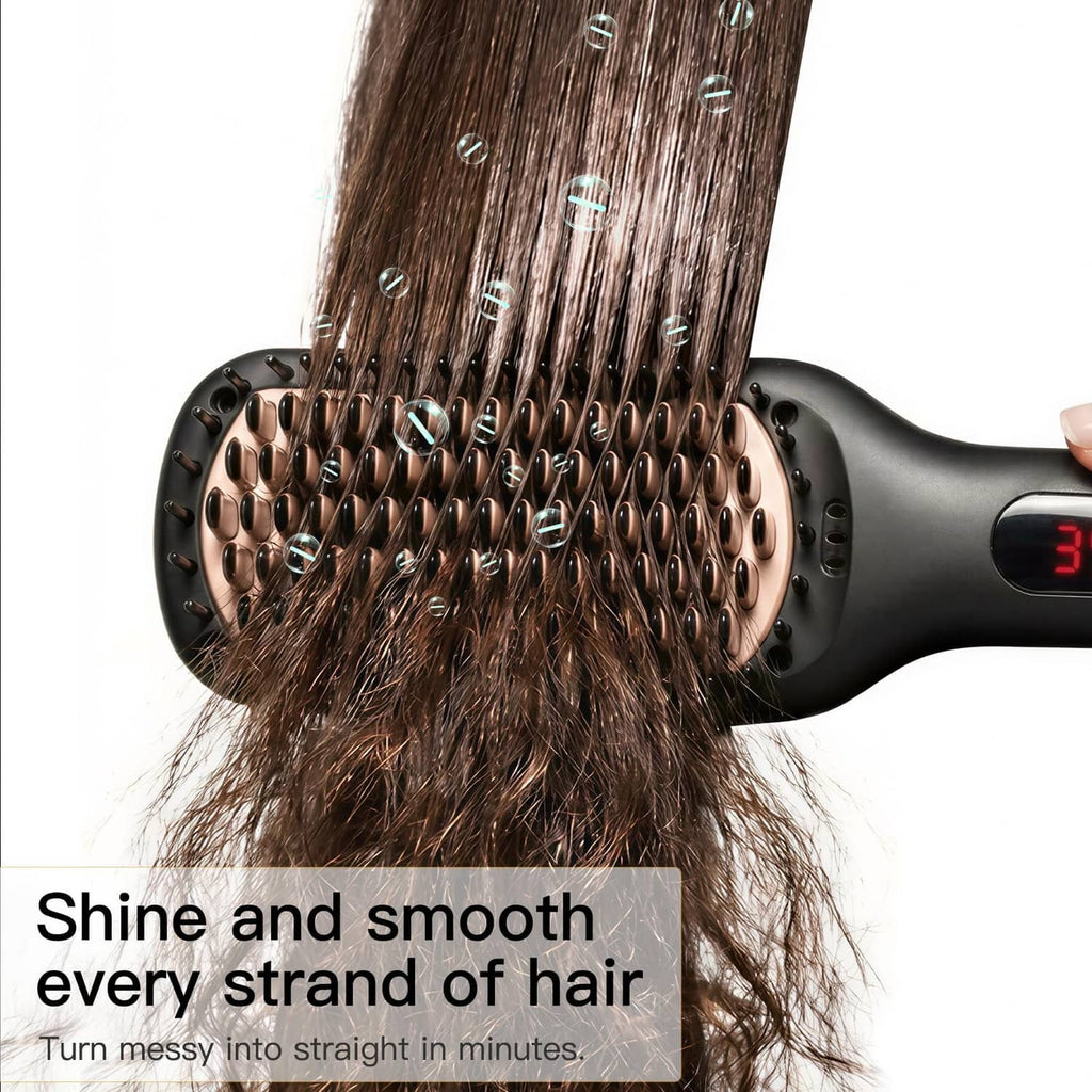 Black straightener brush smoothing brown hair with dense bristle head