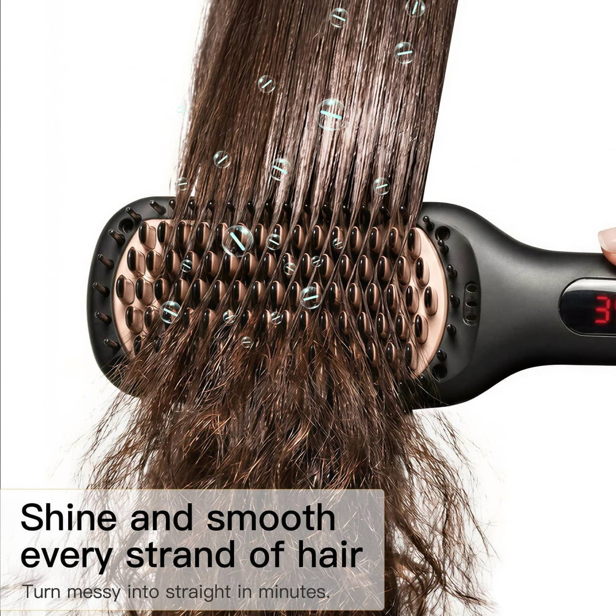 Black straightener brush smoothing brown hair with dense bristle head