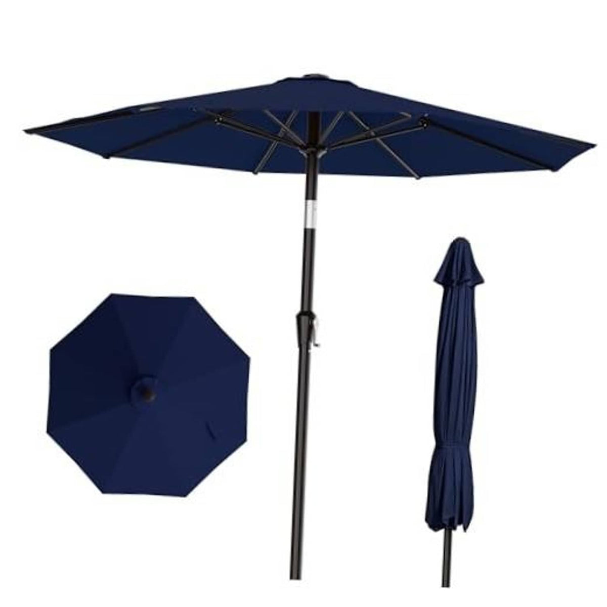 Navy 10 ft outdoor patio umbrella with open canopy and matching protective cover