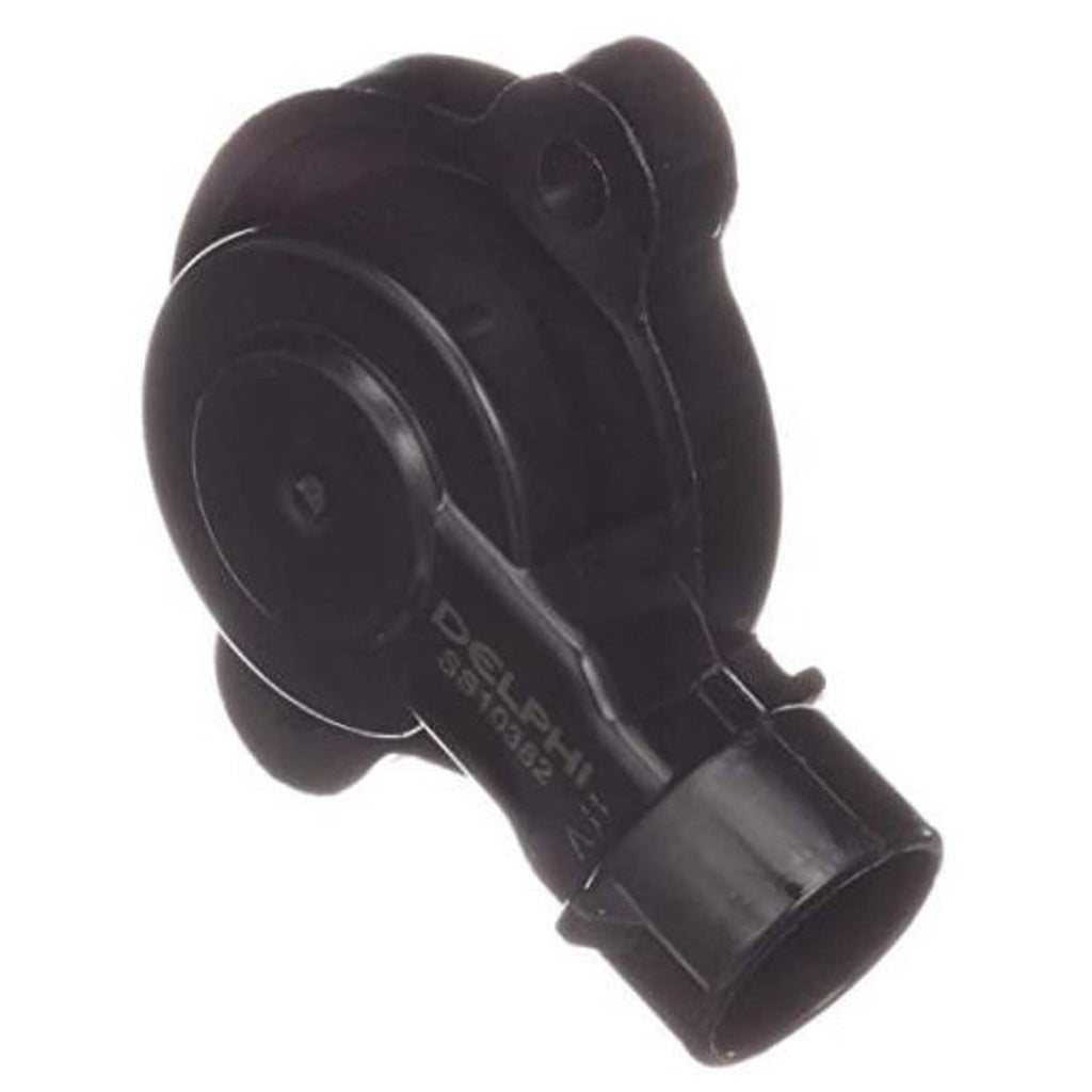 Throttle position sensor with black housing and DELPHI label, angled connector end