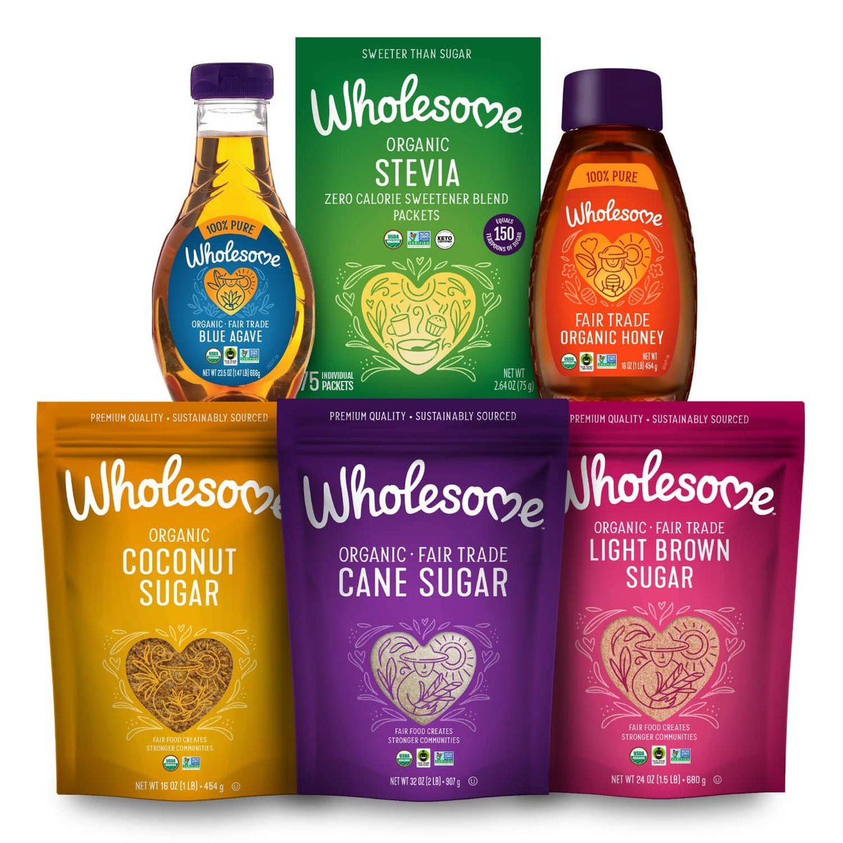 Wholesome sweetener assortment with multiple varieties in pouches and bottles