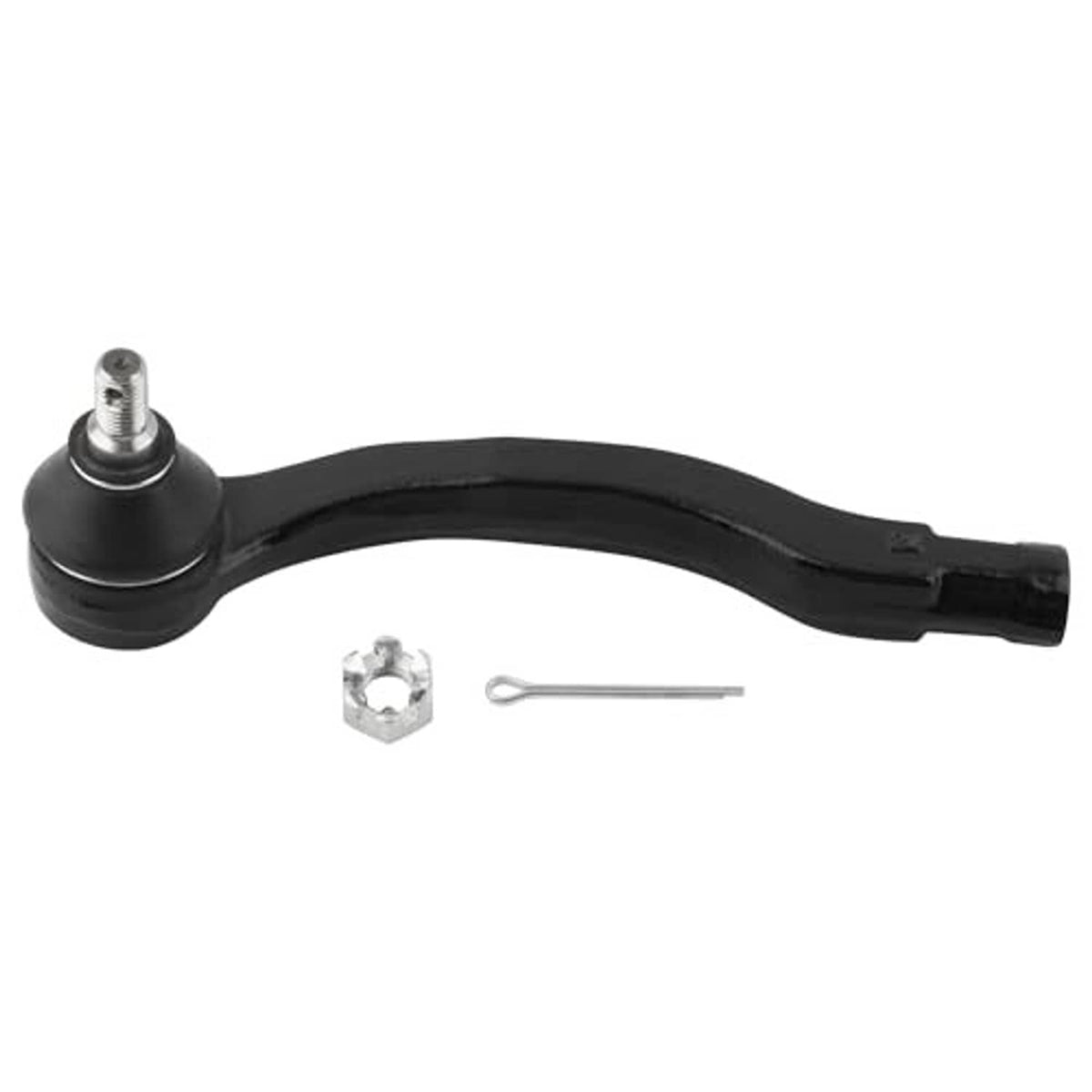 Single outer tie rod end with black curved arm, silver ball joint, hex nut and cotter pin