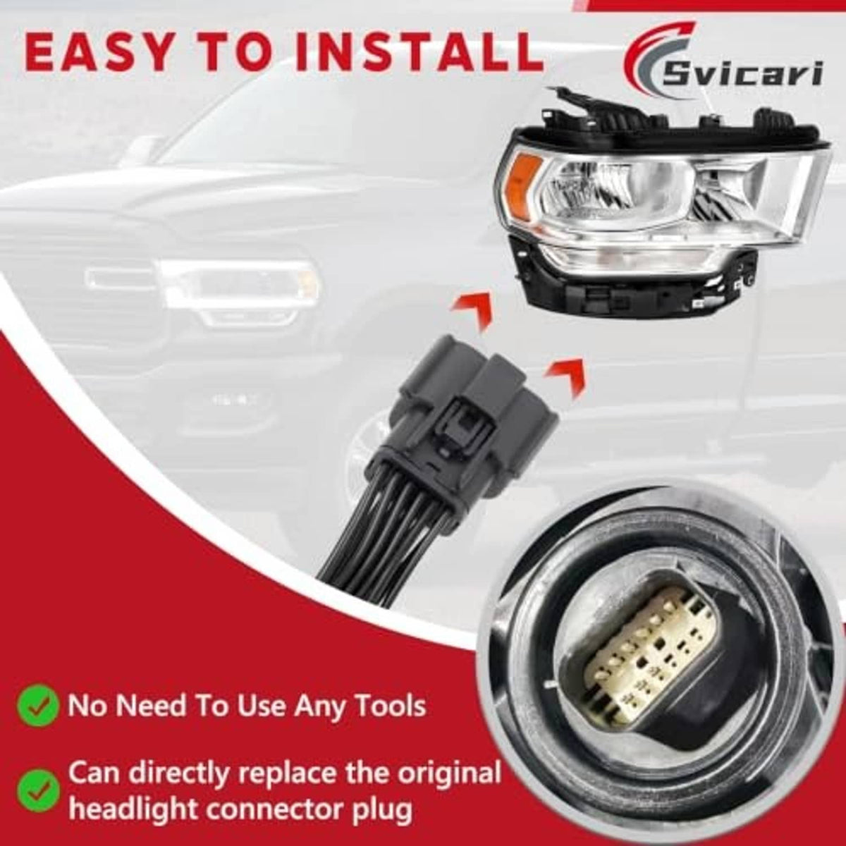 Headlight connector harness with latch-style plug and black wire leads