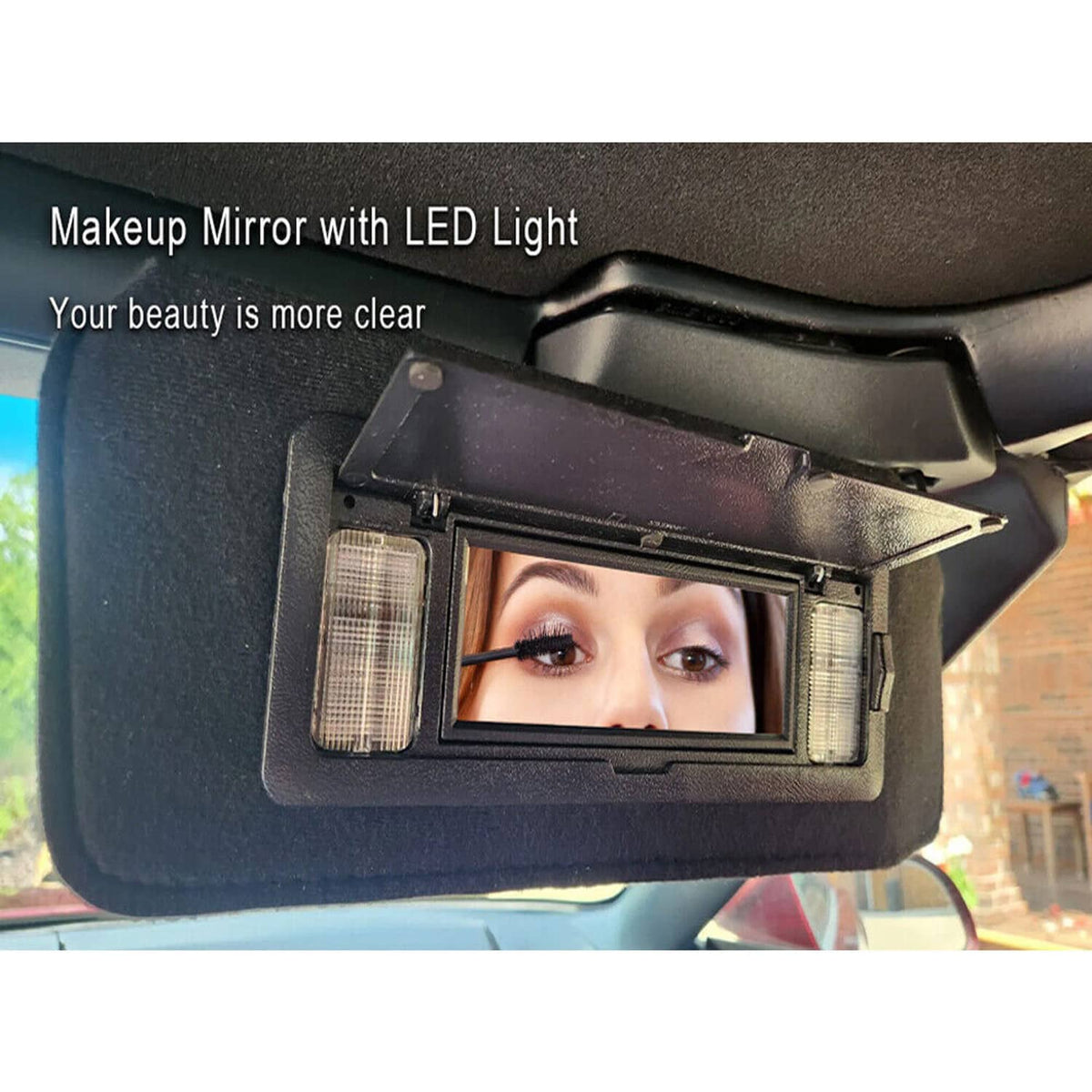 Installed black sun visor with illuminated vanity mirror LED light