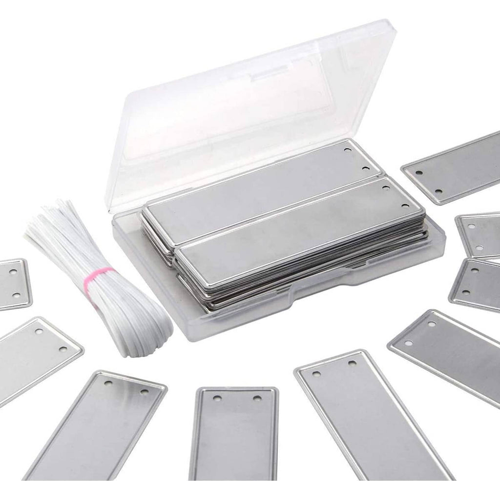 Aluminum plant label tags set: blank rectangular metal plates in clear storage case