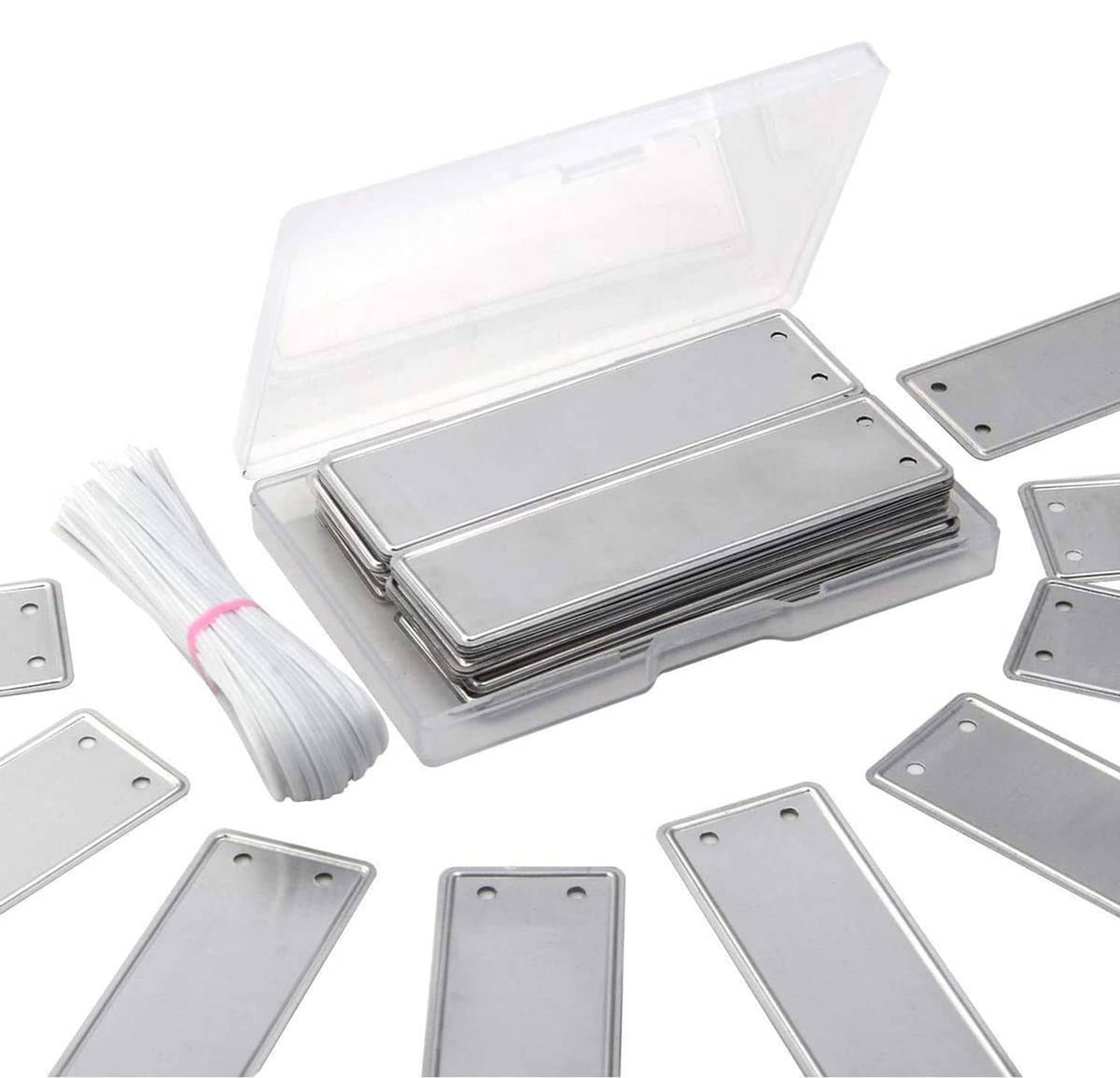 Aluminum plant label tags set: blank rectangular metal plates in clear storage case