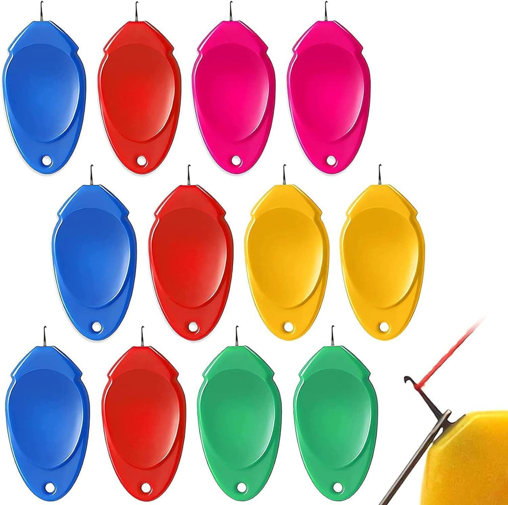 Assorted needle threaders, oval blue red pink yellow and green plastic pieces with hooks