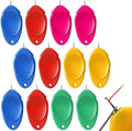 Assorted needle threaders, oval blue red pink yellow and green plastic pieces with hooks