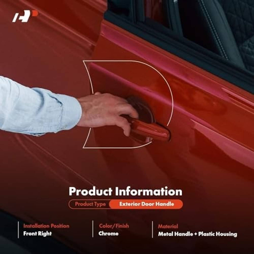 Chrome exterior door handle on red vehicle door, with locking lever